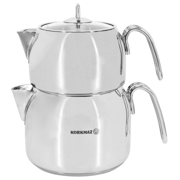 Korkmaz Perla Maxi Stainless Steel 1.2 Liter Tea Pot and 2 Liter Kettle Set - 1.2 Liter Tea Pot and 2 Liter Kettle