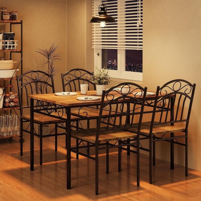 Retro Dining Table Set for 4, 5 Piece Industrial Dining Table & Chairs