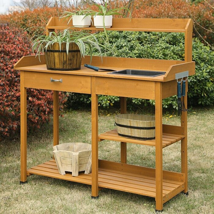 Wooden Potting Bench Work Table-sink Light Oak Finish - 46 x 17.8 x 47.6 inches - Image 2