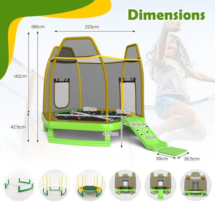 7 Feet Trampoline with Ladder and Slide for Indoor and Outdoor-Green - Image 2
