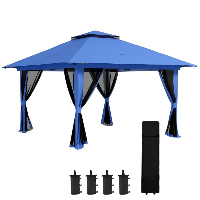 Outsunny 13' x 13' Pop Up Gazebo with Netting, Foldable Patio Canopy Tent with 2-Tier Roof, Adjustable Height Shelter - Image 2
