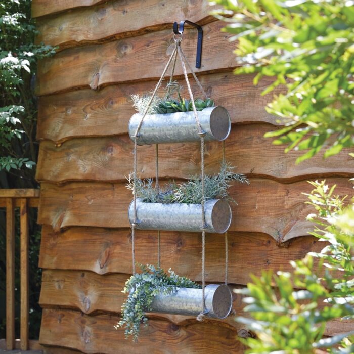 Three-Tier Galvanized Hanging Planter with Hook - 16''W x 5''D x 42''H