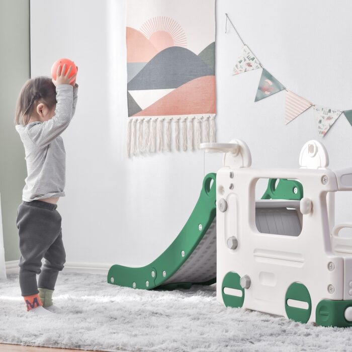 Kids Slide with Bus Play Structure Climber Slide with Basketball Hoop - Image 2