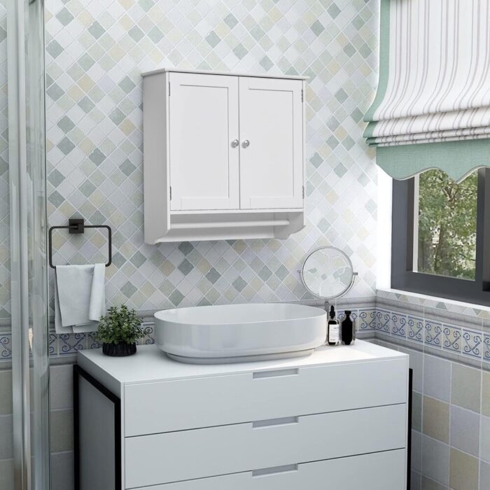 23.6'' White Wall Mounted Bathroom Storage Cabinet with Towels Bar and Adjustable Shelf - Image 2