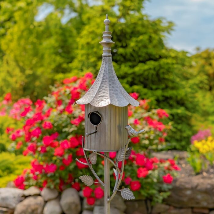 64.75" T Iron Birdhouse Stake "Chelsea" - 8" L x 7.5" W x 64.75" H
