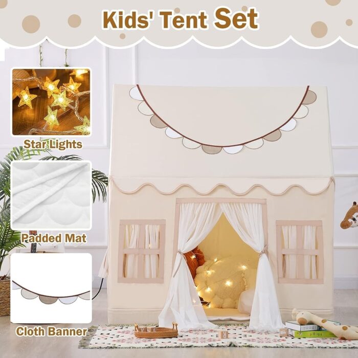 Large Toddler Play Tent for Kids with Mat, Star Lights, Cloth Banners - Image 2