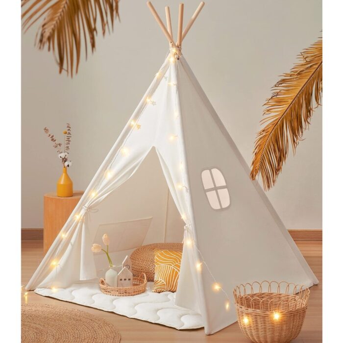 Large Kids Teepee Tent with Padded Mat, Light String, Carry Case