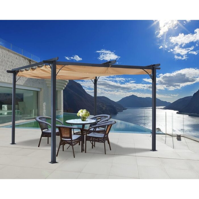 10ft x 10ft Sturdy Aluminum Outdoor Pergola with Retractable Canopy - Image 2