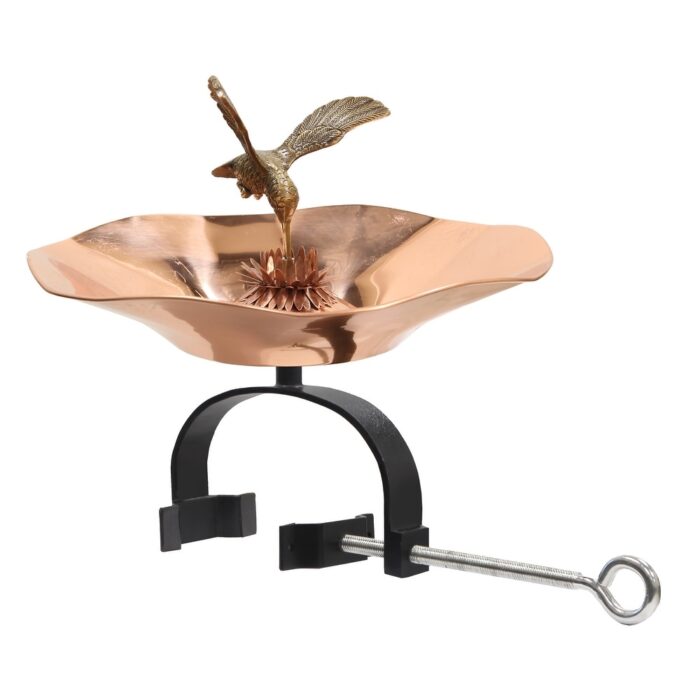Achla Designs 13.25"Dia. Round Polished Brass/Aluminum Hummingbird Birdbath w/Black Wrought Iron Over Railing Bracket