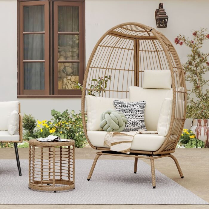 Asey Wicker Egg Chair with Coffee Side Table Oversized Lounger with Cushion