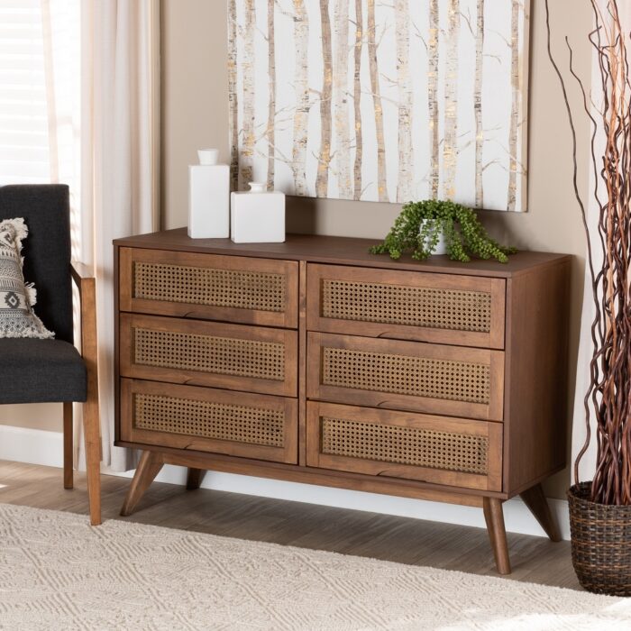 Barrett Mid-Century Modern 6-Drawer Wood Dresser in Walnut Brown Color