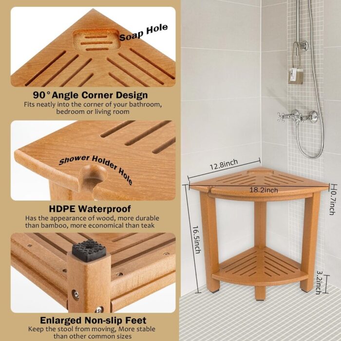 Corner Shower Stool for Inside Shower, Waterproof Shower Bench for Shaving Legs, Bathroom Bench Shower Seat with Storage (Teak) - Image 2