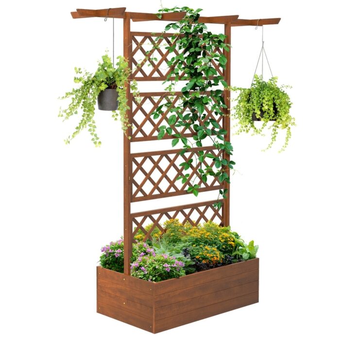 Outsunny Wood Planter with Trellis, Raised Garden Bed Privacy Screen Planter Box for Climbing Plants, Vines, Vegetables, Flowers - Image 2