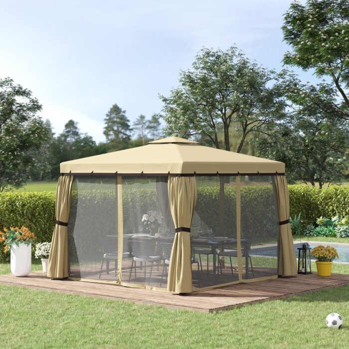 Outsunny 10' x 10' Patio Gazebo Outdoor Canopy Shelter with Double Tier Roof, Netting and Curtains for Garden