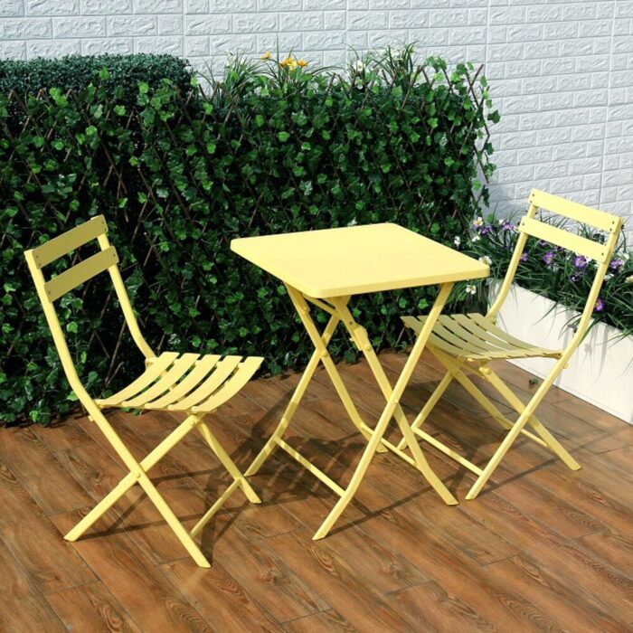 Yellow 3 Piece Outside Patio Bistro Set Foldable Square Table & Chairs - Image 2