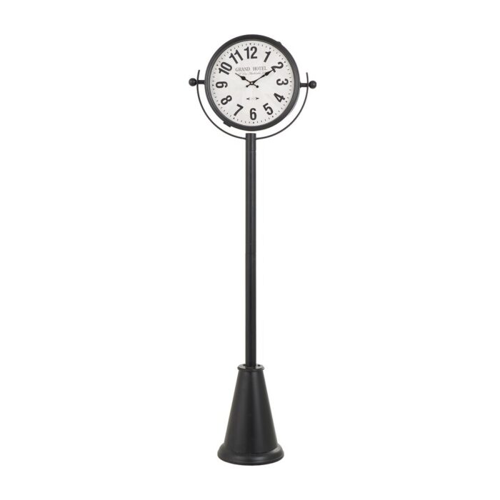Black Metal Double Sided Tall Standing Floor Clock with Cone Shaped Base - Image 2