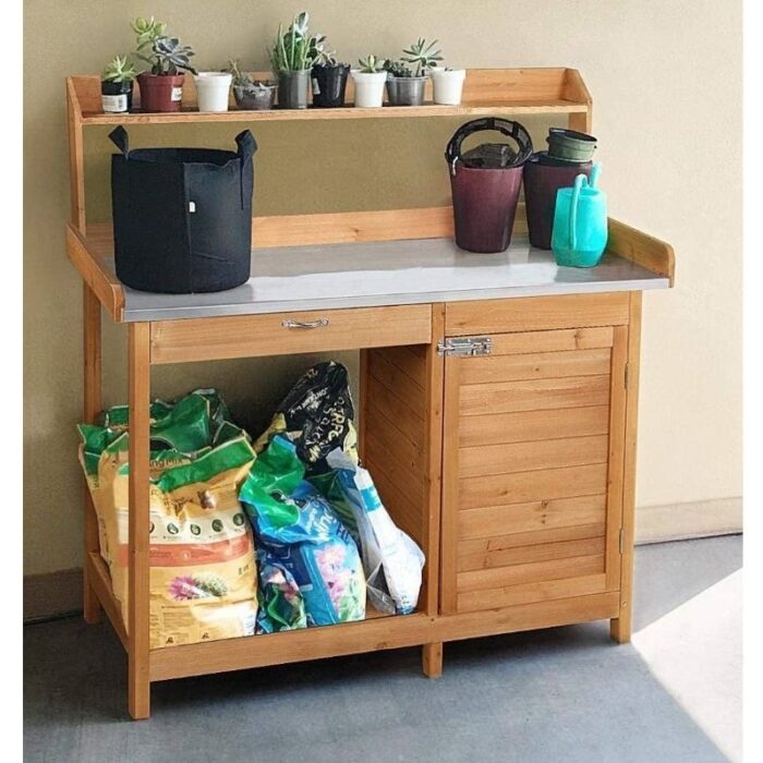 Natural Fir Wood Potting Bench with Galvanized Steel Table Top - 49'' H x 44'' W x 18'' D