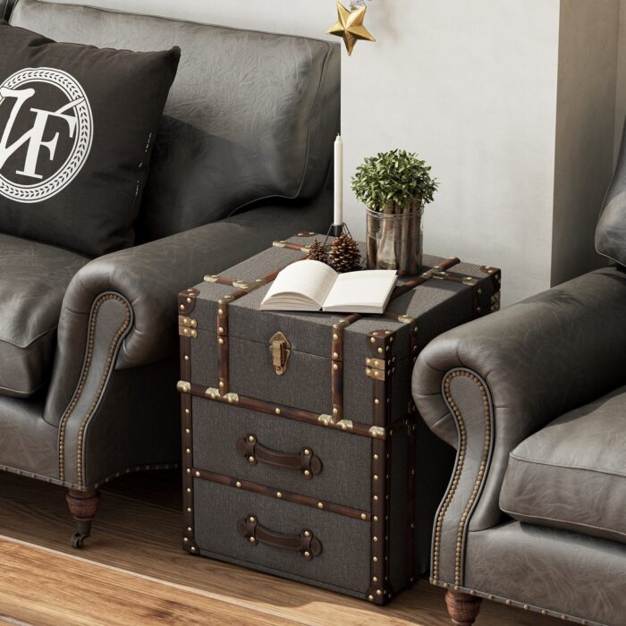 COZAYH Vintage Nightstand with Buckle Hinged Top, Linen Accent End Side Table for Living Room, Rectangle, Grey - Image 2