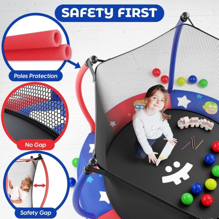 55" Toddler Trampoline, 5FT Kids Trampoline, Ultra Safe Mini Trampoline with Safety Enclosure Net, for Ages 1-6, Basketball Hoop - Image 2