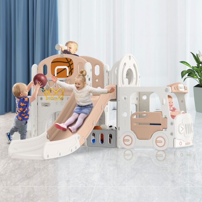 Beige Coffee 10 in 1 Toddler Slide, Kid Slide for Toddlers Age 1+, Indoor Outdoor Slide Toddler Playset Toddler Playground