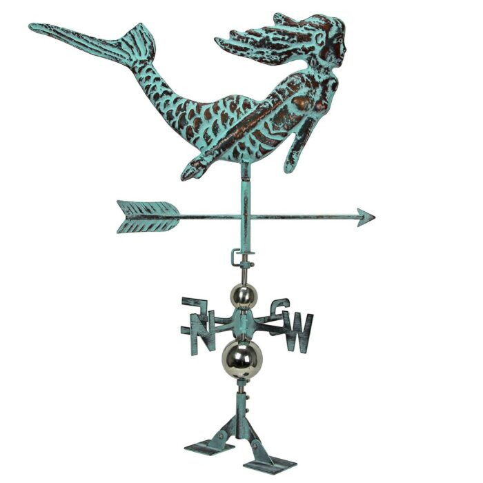 Verdigris Copper Mermaid Weathervane Roof Mount Coastal Beach Decor - 35.5 X 27 X 13.5 inches
