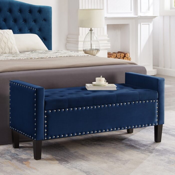 Upholstered Tufted Button Storage Bench for Bedroom Entryway with Armrest