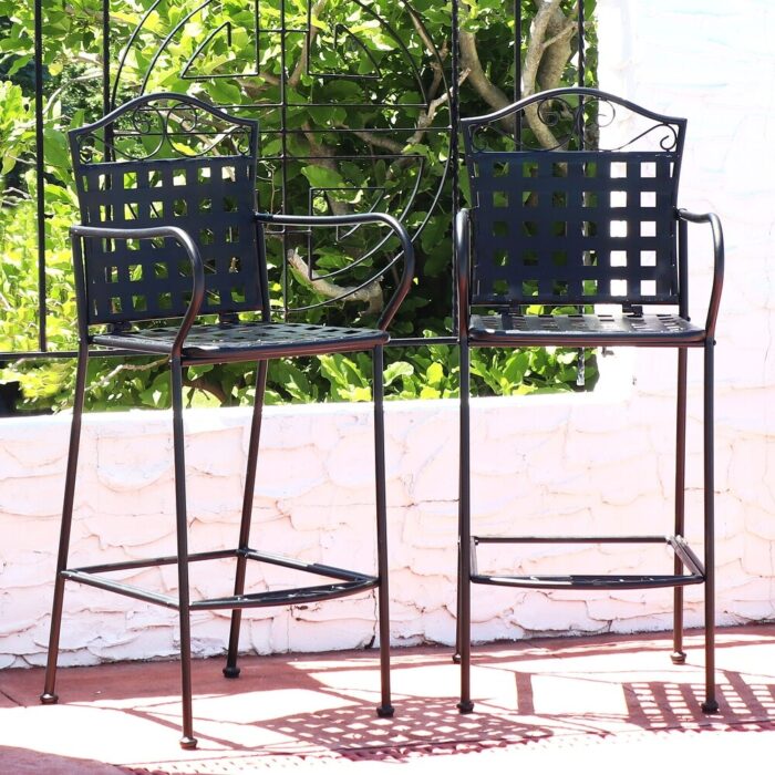 Black Wrought Iron Patio Bar Chairs with Scroll Design - Image 2