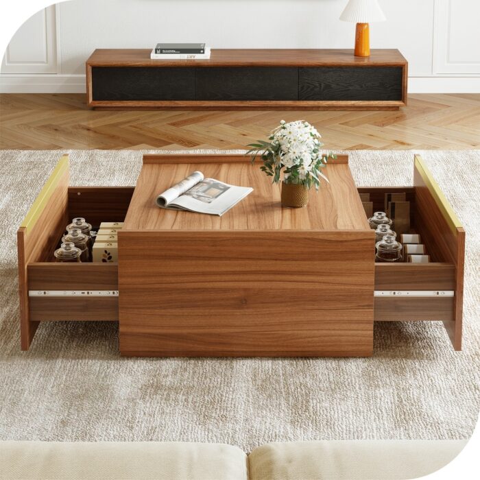 Walnut Square Coffee Table Sofa table with 2 Drawers