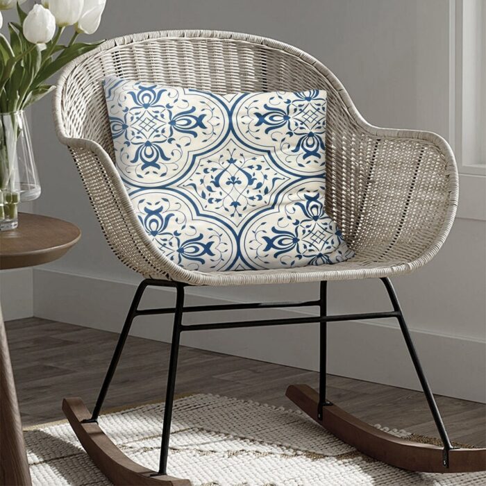 17 x 17 Inch Decorative Square Cotton Accent Throw Pillow with Classic Damask Print, Blue and White - Image 2