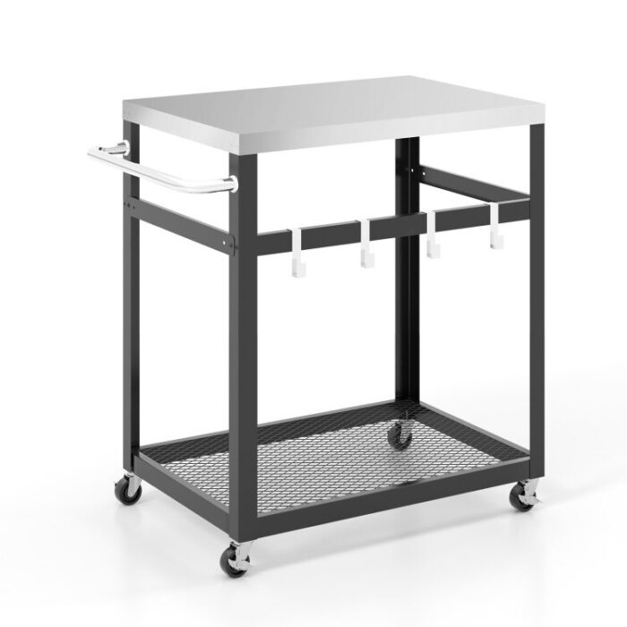 2-Tier Stainless Steel Grill Cart with 4 Hooks and Wheels BBQ Table-Black - Image 2