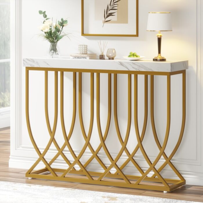 Faux Marble Console Table, 39.4-in Modern Entryway Table with Gold Geometric Legs