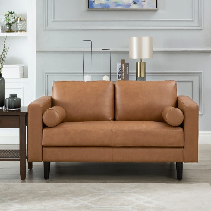 Marisa Top Grain Genuine Mid-Century Leather Loveseat Sofa, Wooden Legs Sectional Loveseat Sofa for Living Room - Image 2