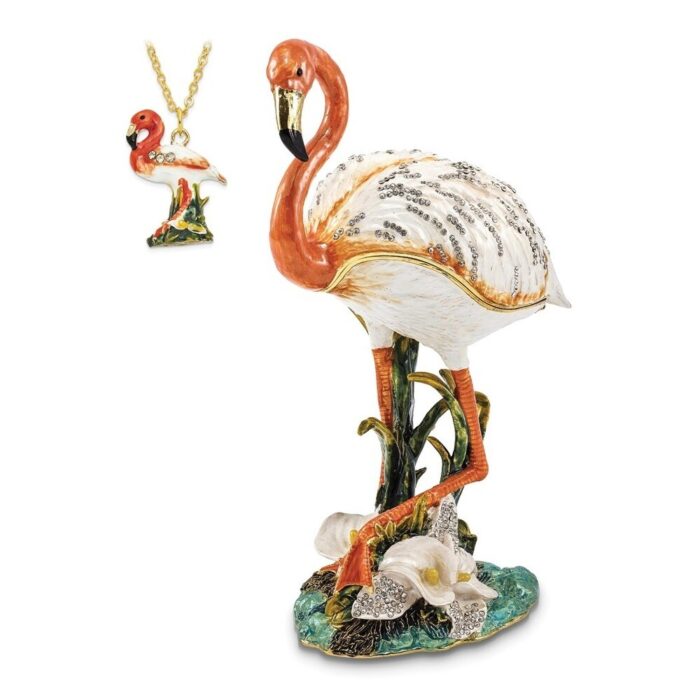 Curata Pewter Bejeweled Crystals Gold-Tone Enameled Mango Large Flamingo Trinket Box on 18 Inch Necklace - Image 2