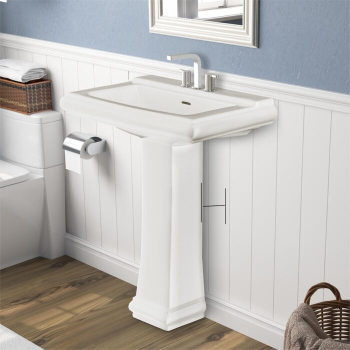 White Porcelain Rectangular Pedestal Bathroom Sink with Overflow - Image 2