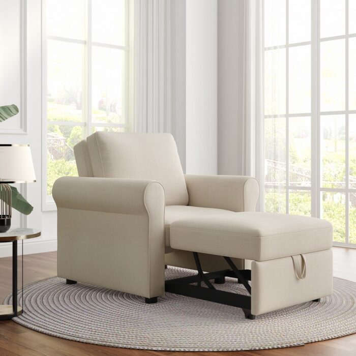 3-in-1 Convertible Accent Chair Adjust Backrest Single Sofa Bed, Beige