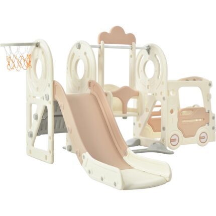 Kids Swing-N-Slide with Bus Play Structure, Freestanding Bus Toy with Slide&Swing for Bus Slide Set with Basketball Hoop - Image 2