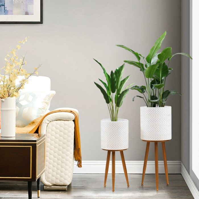 Distressed White Cachepot Planters with Bronze Metal Stands (Set of 2) - Image 2