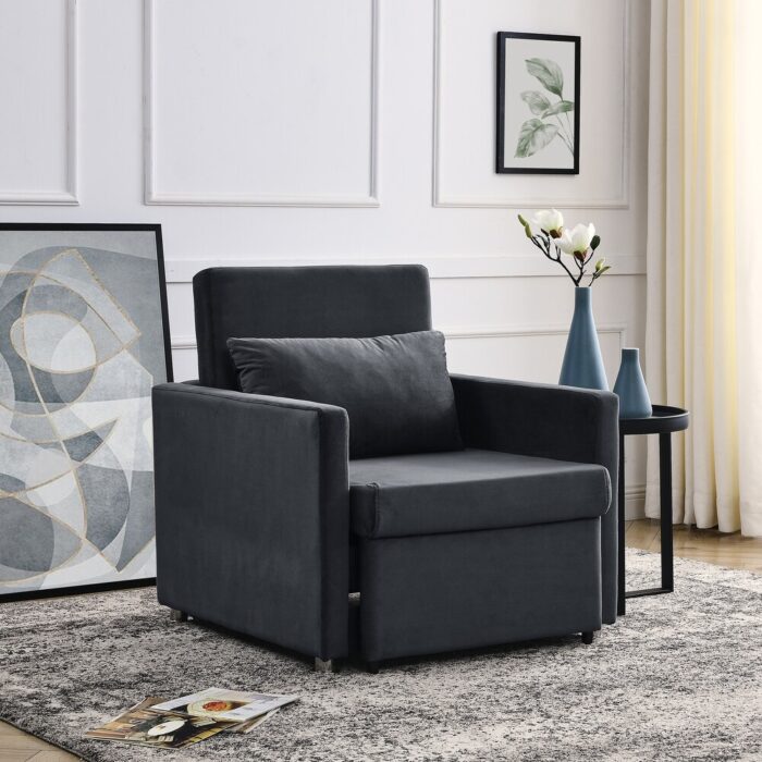 Grey Sofa Chair Bed w/ 2-in-1 Chaise Lounges Sleeper Chair, Pillow - Image 2