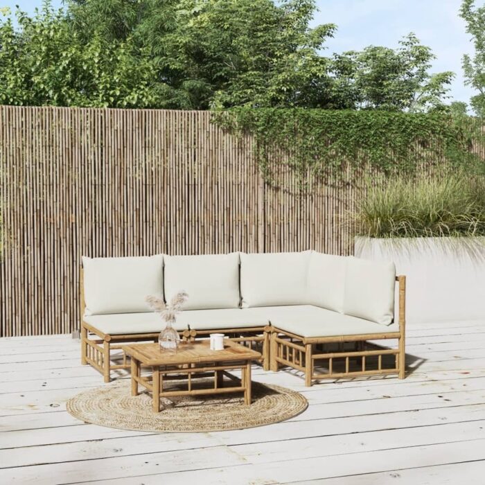 vidaXL multi Piece Patio Lounge Set with Dark Gray/Cream White Cushions Bamboo - Image 2