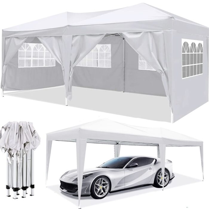 Multi-Functional 10 x 20 ft Pop Up Canopy Tent with Waterproof Oxford, 6 Walls, Windows & Doors, Carry Bag, Weight Bags