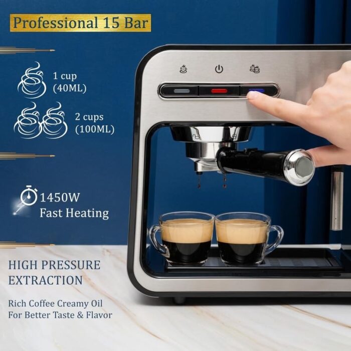 Professional Espresso Machine for Home 15 Bar with Milk Frother Steam Wand, Espresso Maker, 1450w Fast Heating Cappuccino - Image 2