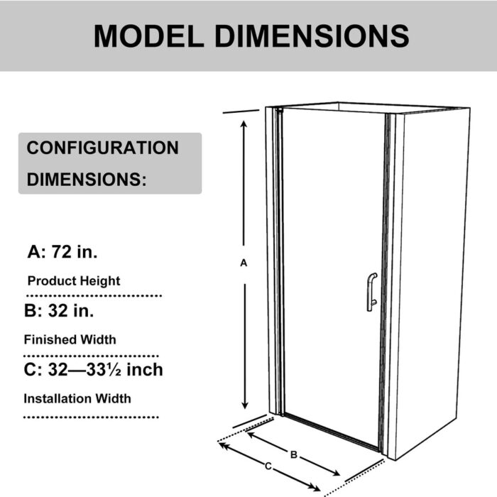ExBrite 32'' x 72'' Shower Door Frameless Hinged Single Glass Shower Door,Thick Tempered Glass,Reversible Installation - Image 2