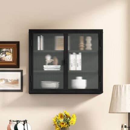 Glass Display Cabinet Kitchen Sideboard Wall 3-tier Storage Cabinet with Glass Doors for Living Room Spice Cabinet - Image 2