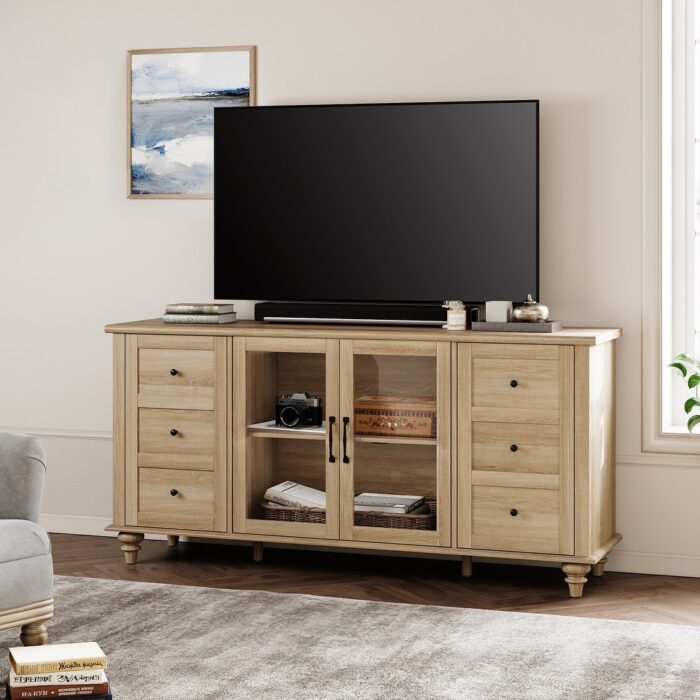 WAMPAT Glass Door Farmhouse TV Stand for TVs Up to 75 inch, Wood Universal TV Console Table - Image 2