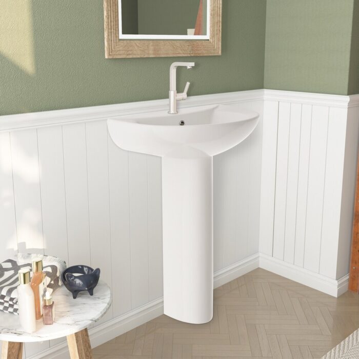 White Porcelain U-Shaped Pedestal Bathroom Sink with Overflow - Image 2