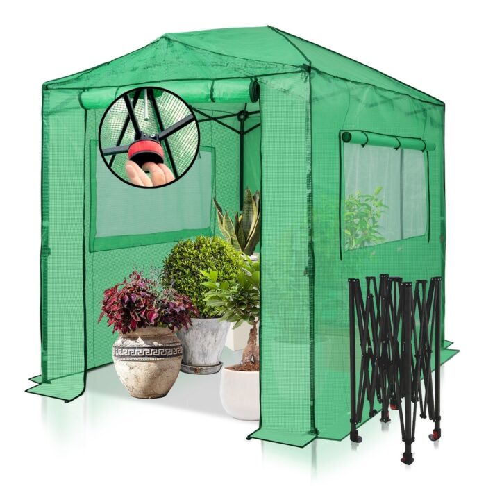 EAGLE PEAK 8x6 Portable Walk-in Greenhouse Pop-up Outdoor Plant Gardening Canopy, Roll-Up Doors and Roll-Up Windows, Green