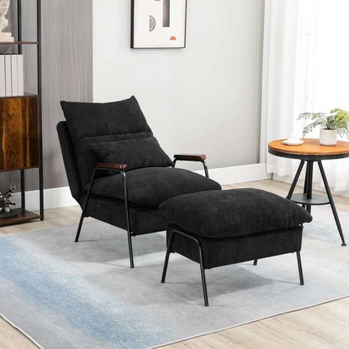 HOMCOM Accent Chair with Ottoman, Reclining Comfy Chair with Adjustable Backrest, Steel Frame and Pillow, Light Grey