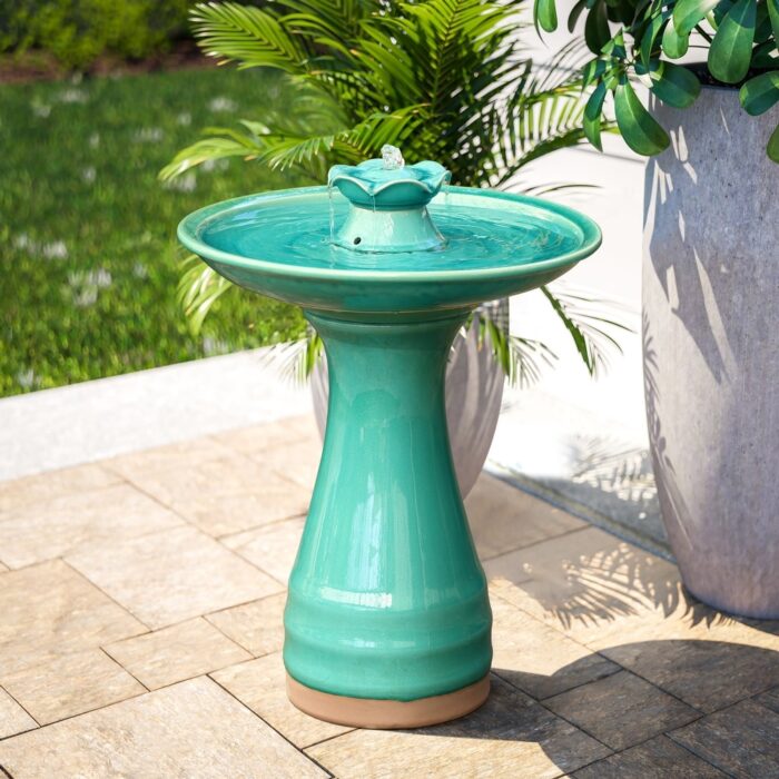Aqua Glazed Ceramic 22-In Tall Birdbath Fountain - Image 2