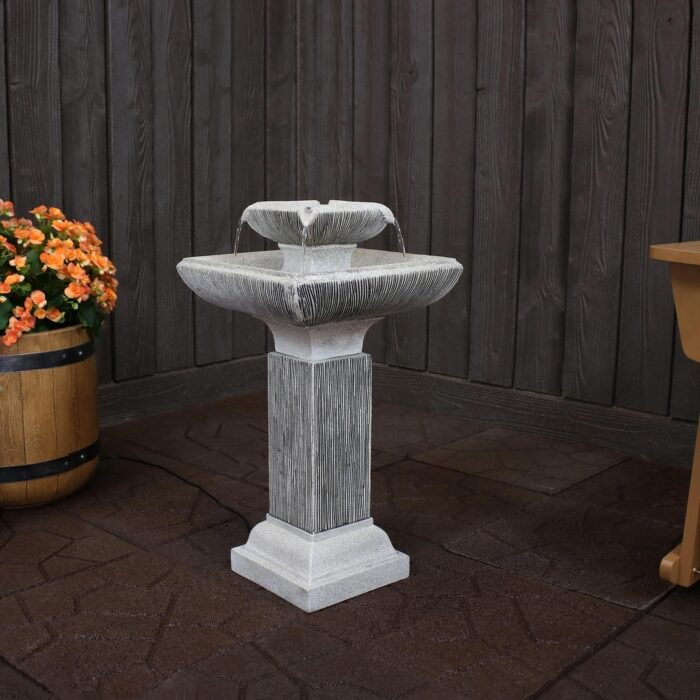 Sunnydaze 2-Tier Square Bird Bath Outdoor Water Fountain 25" Feature with LEDs