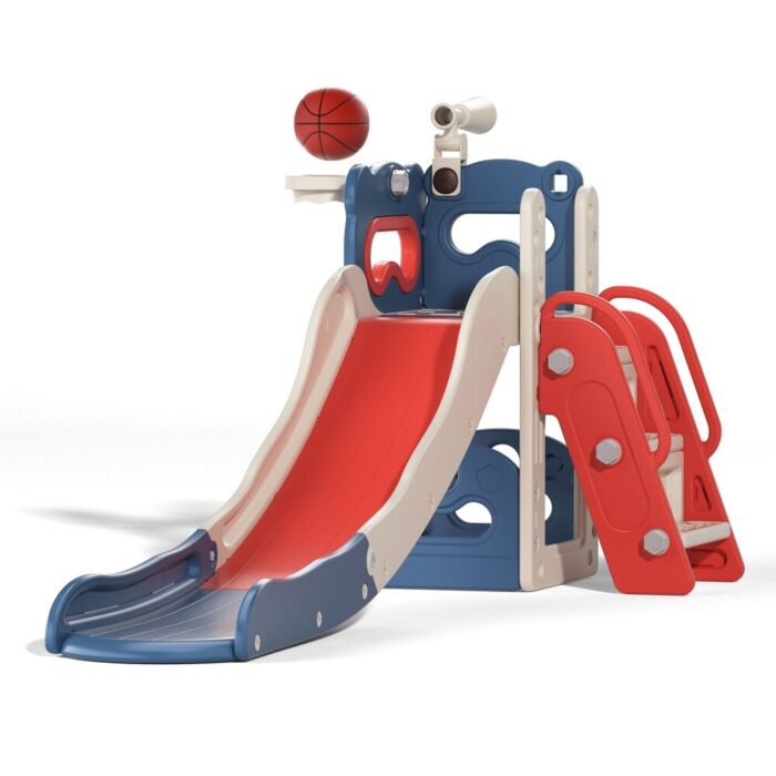 5 In 1 Kids Slide and Climber Playset, Playground with Basketball Hoop, Telescope and Storage Space for Indoor Outdoor
